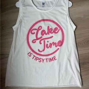 White Tank Top with Pink 'Lake Time' Graphic